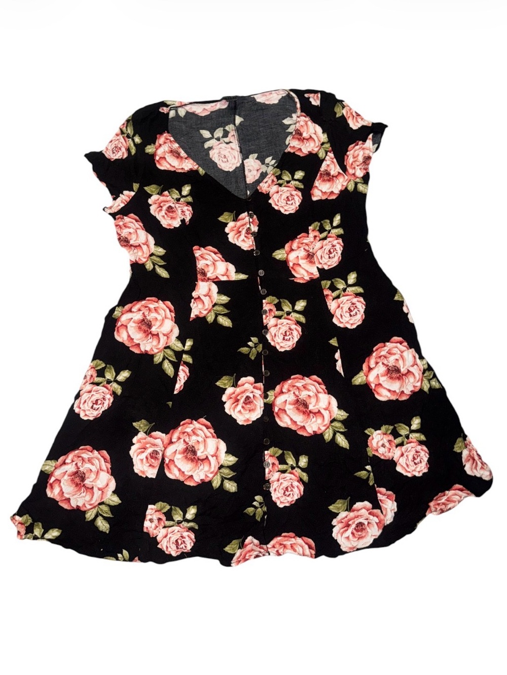 Black Floral Button-Front Dress with Pink Rose Print w Pockets